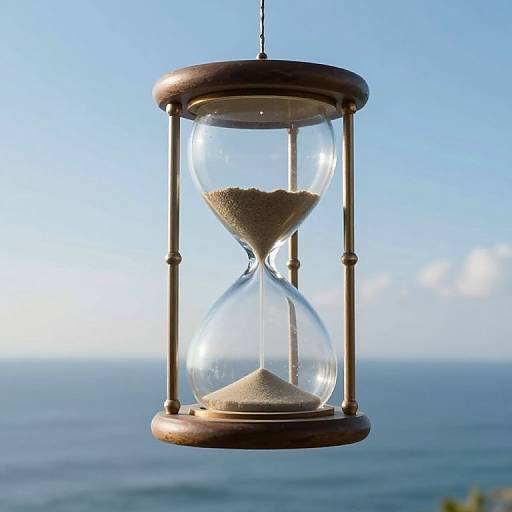 Photograph of a wooden hourglass with sand, hanging against a clear blue sky and ocean background, capturing time's passage.
