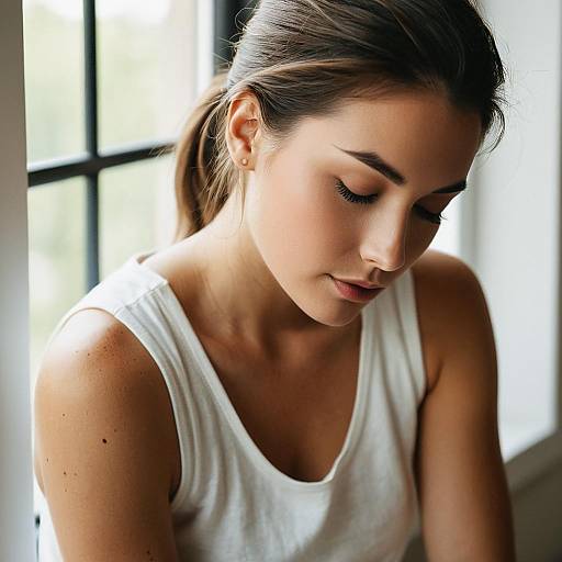Photograph of a young woman with fair skin, brown hair in a ponytail, wearing a white tank top, gazing down softly in natural light