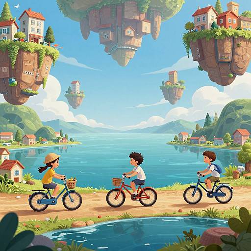Digital illustration of three children riding bicycles near a serene, floating island-filled lake with red-roofed houses, clear blue sky, and lush greenery