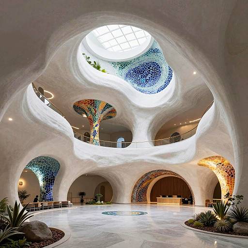 Photograph of a luxurious, modern interior featuring white, curved, dome-like arches adorned with colorful mosaic patterns, a skylight, and marble