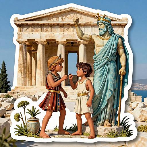 Digital illustration of two ancient Greek children standing before a statue of Zeus, in front of a classical temple with a clear blue sky background.