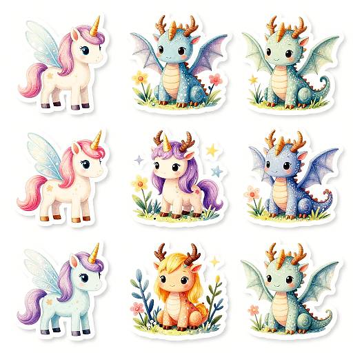 Digital illustration of nine adorable, colorful, cartoon unicorns and dragons with wings, horns, and rainbow-colored manes, sitting on grass with flowers.