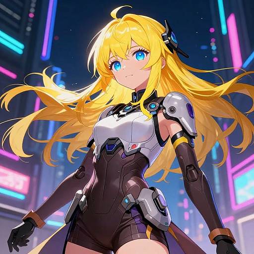 Digital anime artwork of a blonde, blue-eyed girl in a futuristic black and white armored suit, standing in a neon-lit cityscape.