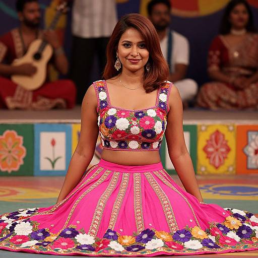 Photograph of a smiling South Asian woman with medium brown skin and shoulder-length brown hair, wearing a colorful floral crop top and bright pink skirt with matching