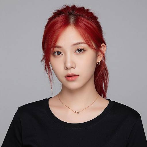 Digital portrait of an Asian woman with red hair, pale skin, black top, small gold necklace, and earrings, against a light blue background.