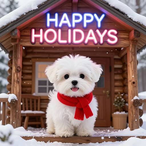 Photograph of a fluffy white puppy with a red scarf, sitting on a snow-covered wooden porch with 