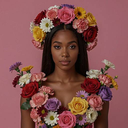 Woman in Floral Dress and Headdress