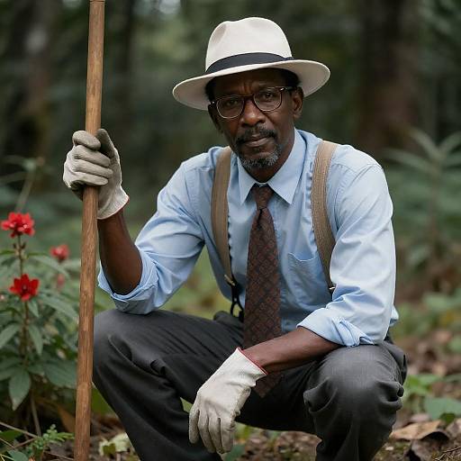 Stylish Man Crouching in Lush Forest