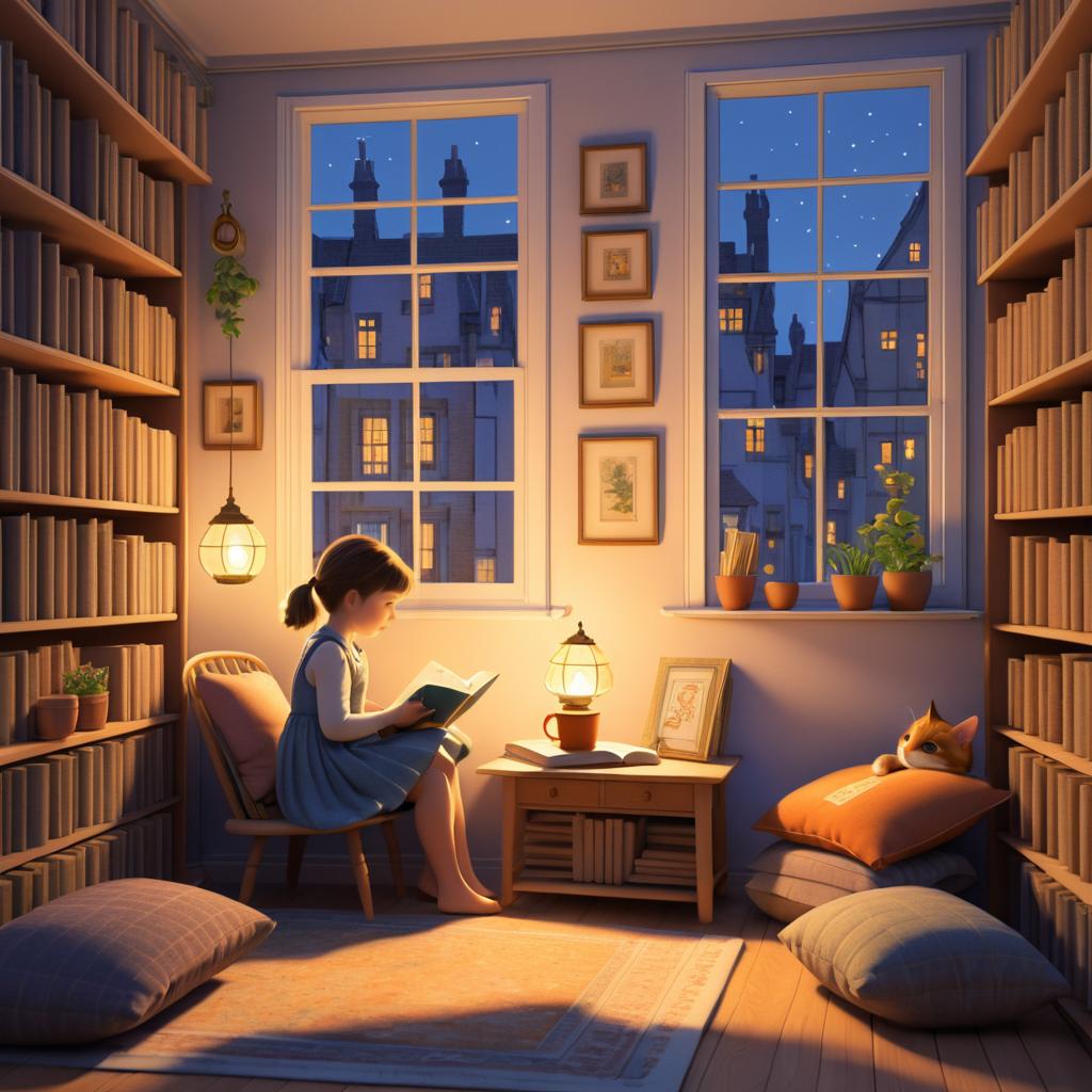 Cozy Reading Scene with Girl and Cat