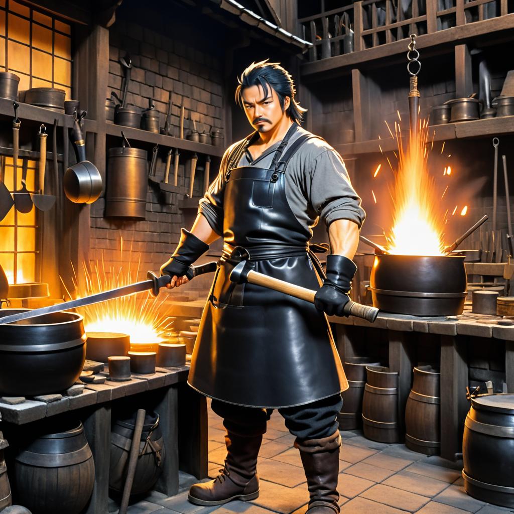 Dynamic Blacksmith in Historical Anime Style