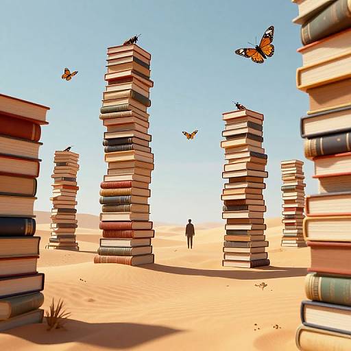 Digital art: Desert scene with towering stacks of books, orange and black butterflies, and a small figure walking between them. Bright blue sky.
