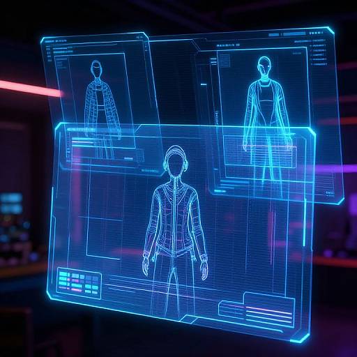 Neon blue holographic interface displaying three wireframe human figures in a dark, futuristic room with pink and purple lights.