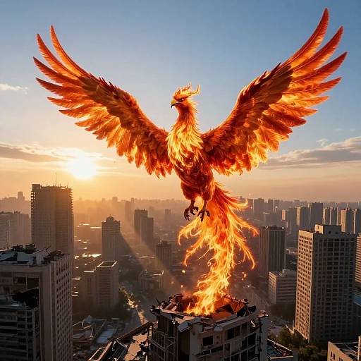 Photorealistic digital image of a massive, fiery phoenix with outstretched wings soaring above a cityscape at sunset, engulfing a building in flames