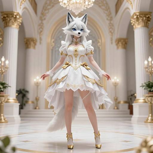 Digital art of an anthropomorphic white fox woman in a gold-trimmed white dress, standing in a grand, ornate hall with chandeliers