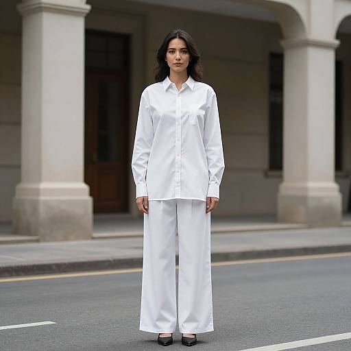 Photograph of a woman with long black hair, wearing a white button-up shirt and wide-legged pants, standing on a city street with classical architecture in