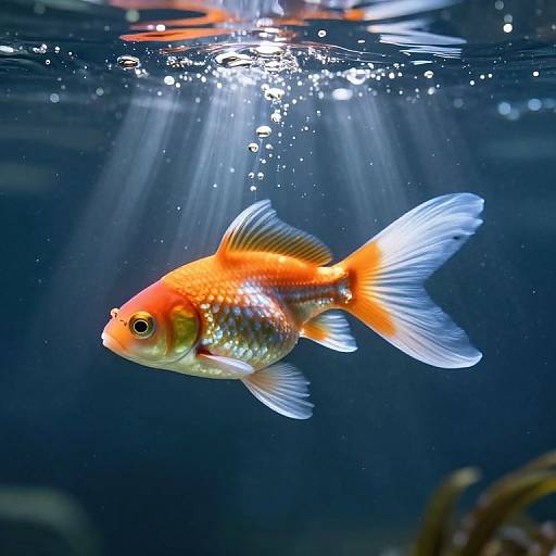 Photograph of a vibrant orange goldfish with white, translucent fins swimming beneath bright sunlight rays in a deep blue aquarium.