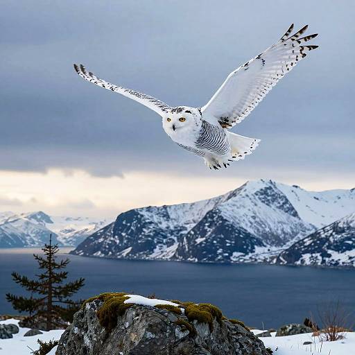 Photograph of a white owl with black spots flying over a snowy mountainous lake, with a cloudy sky and dark water.