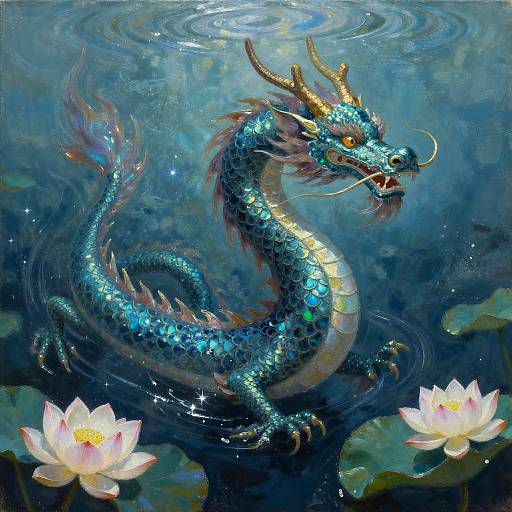 Digital painting of a shimmering blue dragon with gold horns and scales, swimming in a dark blue, rippling water pond with pink lotus flowers.