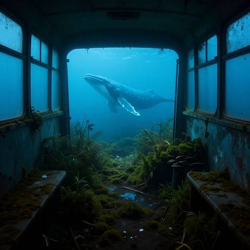 Photograph-like digital art of a serene blue underwater scene: a large whale breaches through the open door of a moss-covered, dilapidated building,