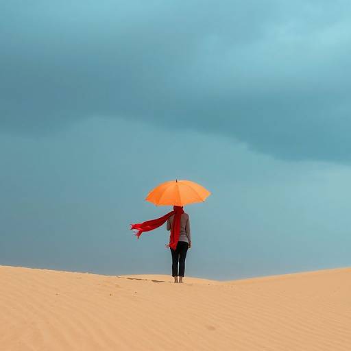 Photograph of a person with a bright orange umbrella, red scarf, standing alone on a sandy dune under a cloudy blue sky.