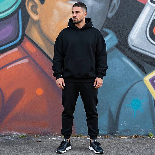 Photograph of a bearded man in a black hoodie, black pants, and black sneakers, standing against a colorful graffiti wall.