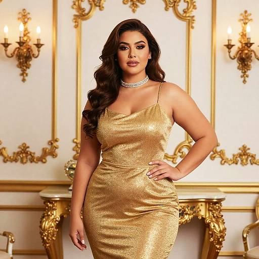 Photograph of a curvy woman with long, wavy brown hair in a shimmering gold dress, necklace, standing in an ornate, gold
