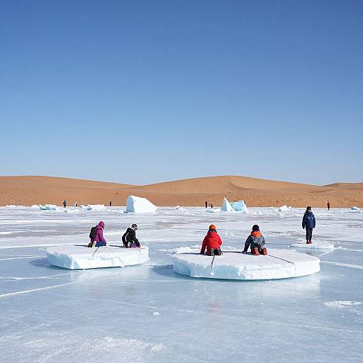 Children Riding Floating Icebergs in Desert