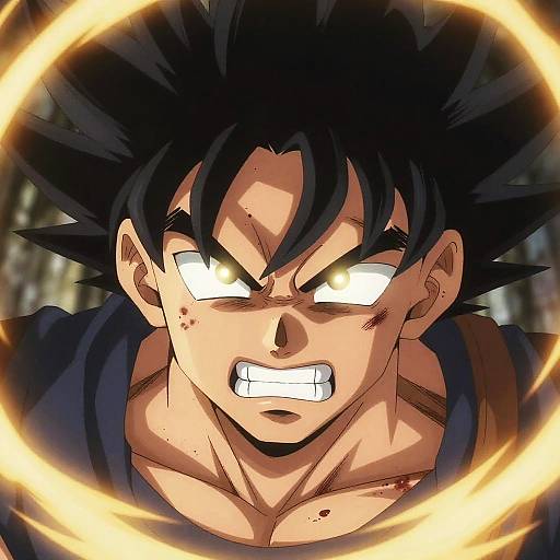 Anime-style digital drawing of angry Son Goku with glowing yellow eyes and spiky black hair, surrounded by a fiery aura, gritting teeth, and showing