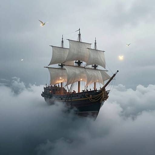 Photograph of a majestic, three-masted sailing ship with billowing white sails, partially obscured by clouds, surrounded by birds in a misty,