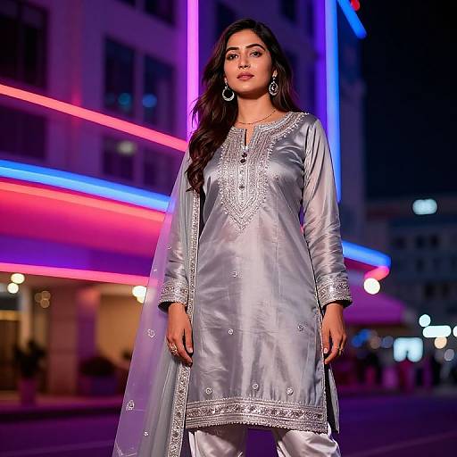 Photograph of an attractive South Asian woman in a silver, embellished traditional kurta and dupatta, standing confidently at night in a neon-lit