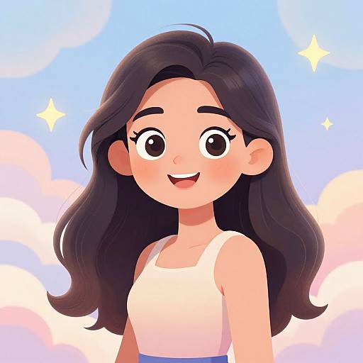 Digital illustration of a smiling anime-style girl with long black hair, wearing a white tank top, set against a blue sky with pink clouds and sparkling stars