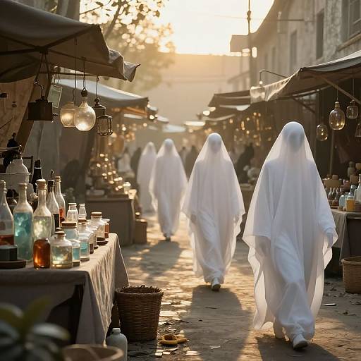 Photograph of four ghostly white figures in flowing robes walking through a sunlit, outdoor market with hanging lights and tables of bottles.