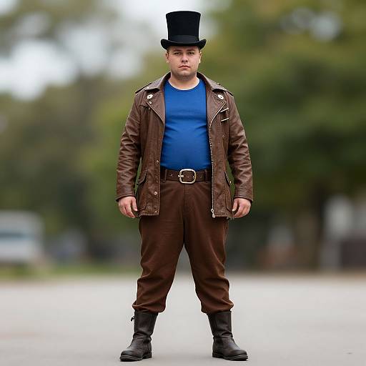 Photograph of a plus-sized man in a black top hat, blue shirt, brown leather jacket, brown pants, black boots, standing confidently in a