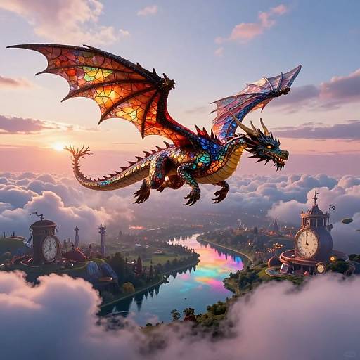 Vibrant digital fantasy artwork of a multicolored dragon with iridescent wings soaring above a whimsical, clock-tower-filled valley at sunset