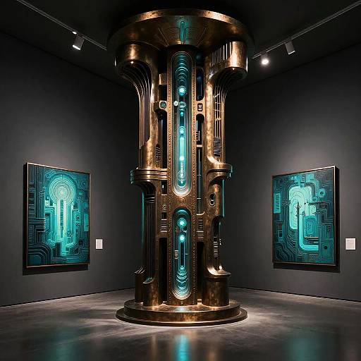 Photograph of a futuristic art gallery with a glowing, cylindrical, metallic sculpture centered between two neon-blue, circuit-patterned framed artworks.