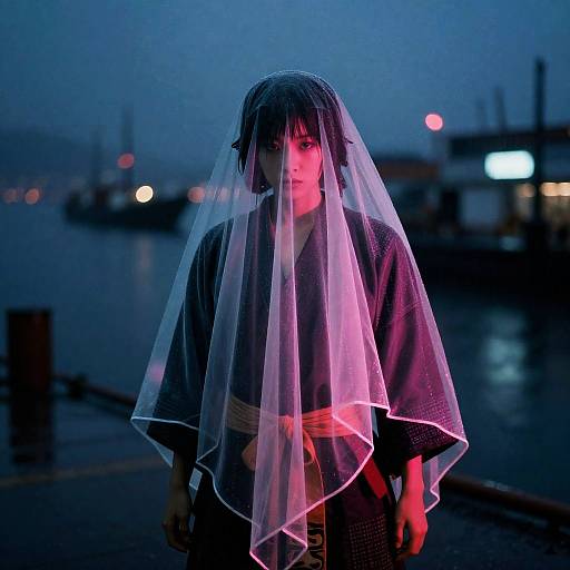 Neon Samurai Android in Rain-soaked Harbor