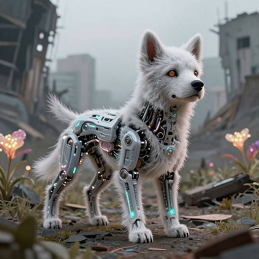 Digital artwork of a white, cybernetic wolf with glowing blue circuits, standing in a post-apocalyptic, flower-filled, ruined cityscape.