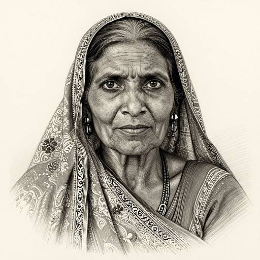 Black-and-white portrait of an elderly Indian woman with deep wrinkles, wearing a patterned saree and earrings, looking directly at the camera. Highly detailed
