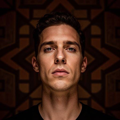 Photorealistic portrait of a handsome young man with short dark hair, blue eyes, and a serious expression, against a geometric brown patterned background.