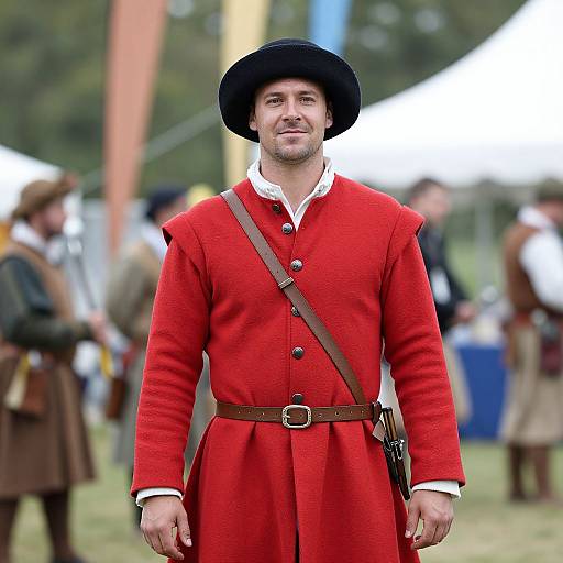 Photograph of a middle-aged man in a bright red, 18th-century style coat, brown belt, black hat, white shirt, standing outdoors