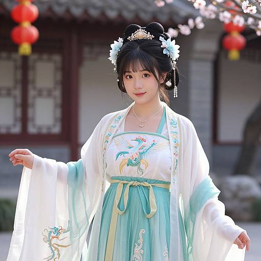 Photograph of a young Asian woman in traditional Chinese hanbok, adorned with a floral headpiece, pearl necklace, and teal embroidery, standing outdoors