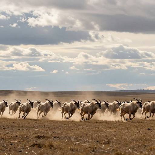 Photograph of a herd of white goats with black horns running across a dusty, brown field under a dramatic, cloud-filled sky.
