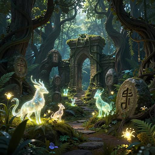 Mystical forest scene with glowing ethereal deer, ancient stone archway, runes, and luminescent flowers, enveloped in dense, enchanted