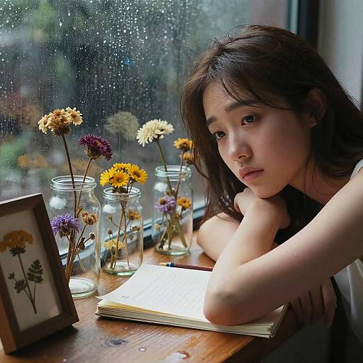 Photograph of a young Asian woman with long dark hair, resting her arms on a wooden table, surrounded by glass jars of colorful flowers, a framed