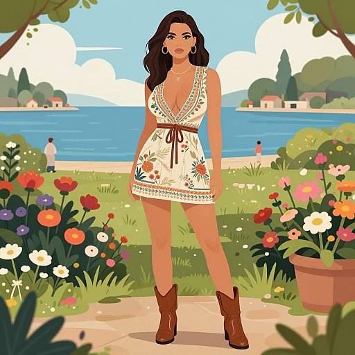 Digital illustration of a curvy woman with long black hair, wearing a floral dress, brown boots, and earrings, standing in a colorful garden by a