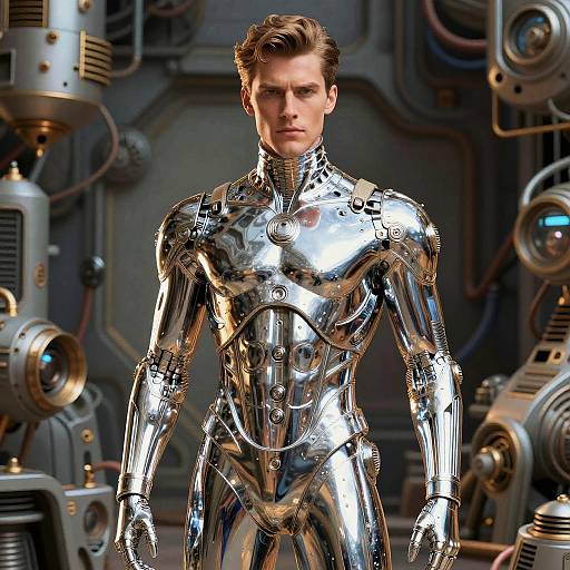 Futuristic Gentlemen in Chrome Exosuit