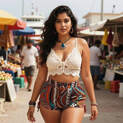 Photograph of a confident South Asian woman with long black hair, wearing a white lace crop top and colorful, patterned high-waisted shorts,