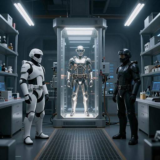 Futuristic Dim-Lit Laboratory with Armored Figures