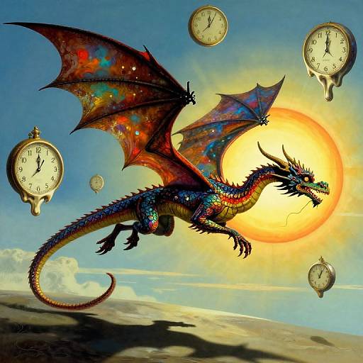 Vibrant digital painting of a cosmic dragon with multicolored scales and wings, soaring beside a bright sun, surrounded by floating clock faces.