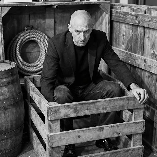 Bald Man in Crate: Intense Black-and-White